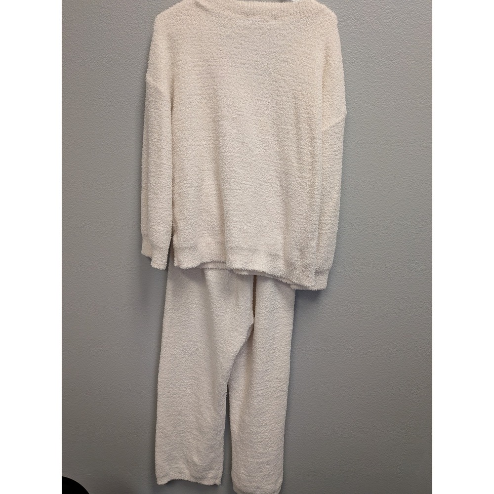MEROKEETY Womens Cream Fuzzy Popcorn Knit 2 Piece Lounge V-Neck Sweater Pants M